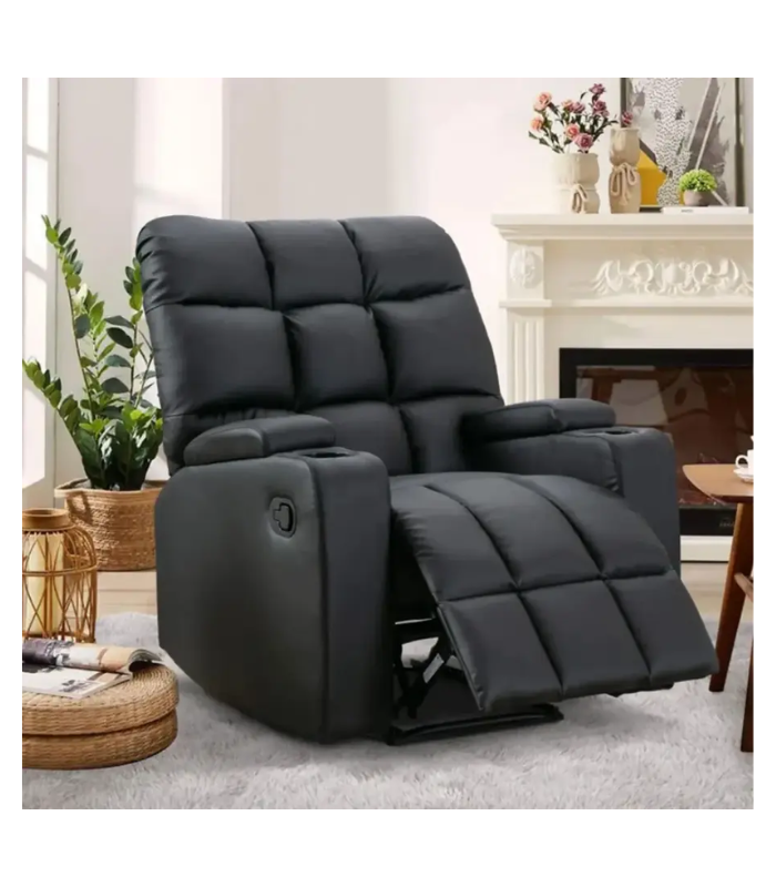 Bestier - Faux Leather Manual Massage Recliner with Vibration, Arm Storage and Two Cup Holders - 33.5" Wide - Black