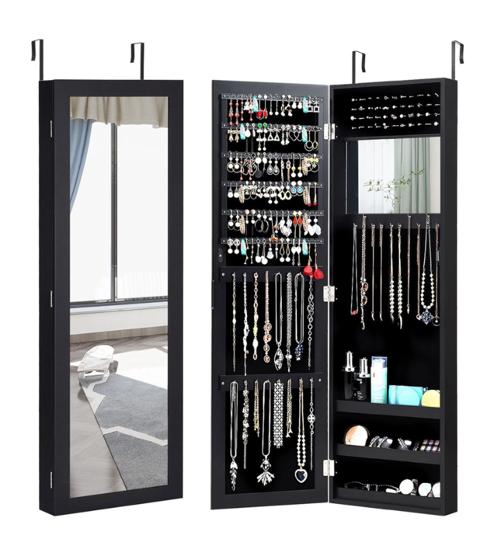 Costway - Jewelry Mirrored Cabinet Armoire Organizer Storage Box with Stand Christmas Gift - Coffee