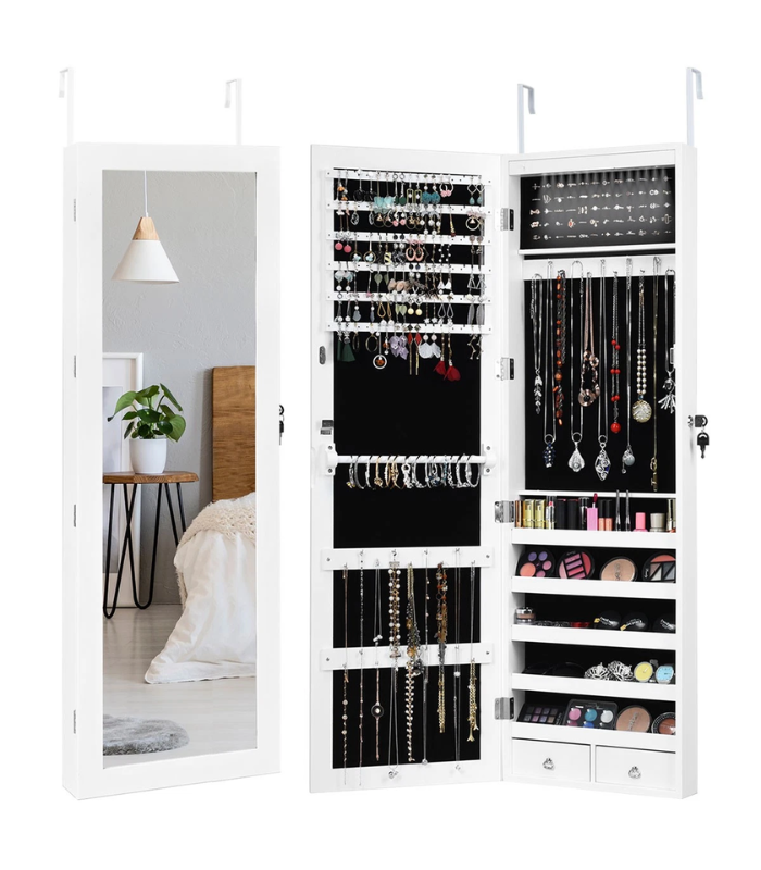 Costway - Wall Door Mounted Mirrored Jewelry Cabinet Storage Organizer - White